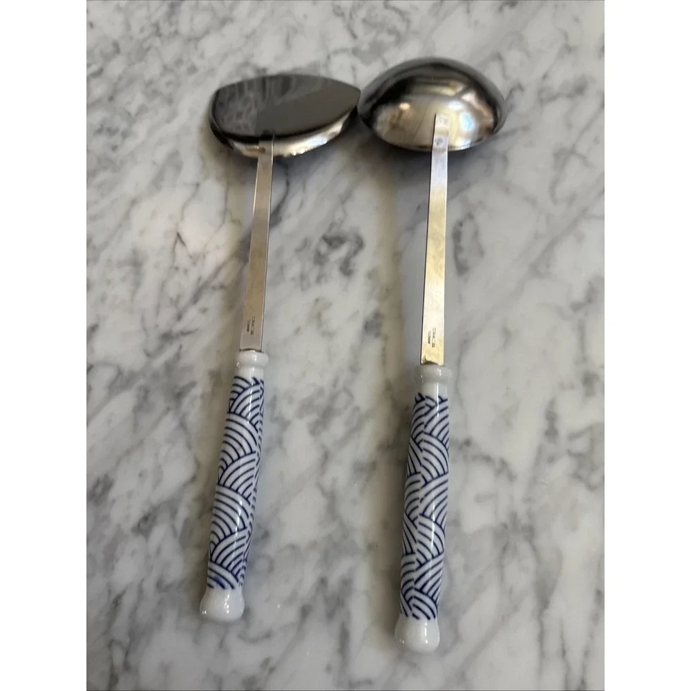 Spatula and Ladle Kitchen Utensils Ceramic Handles Blue And White Vintage